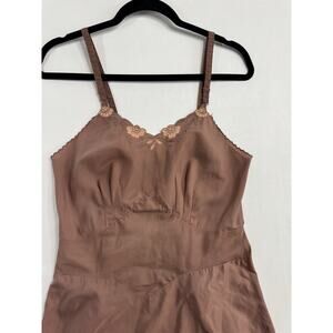 Corette Vintage Nylon Tan Brown Floral Scalloped Edge Nightgown Chemise Slip